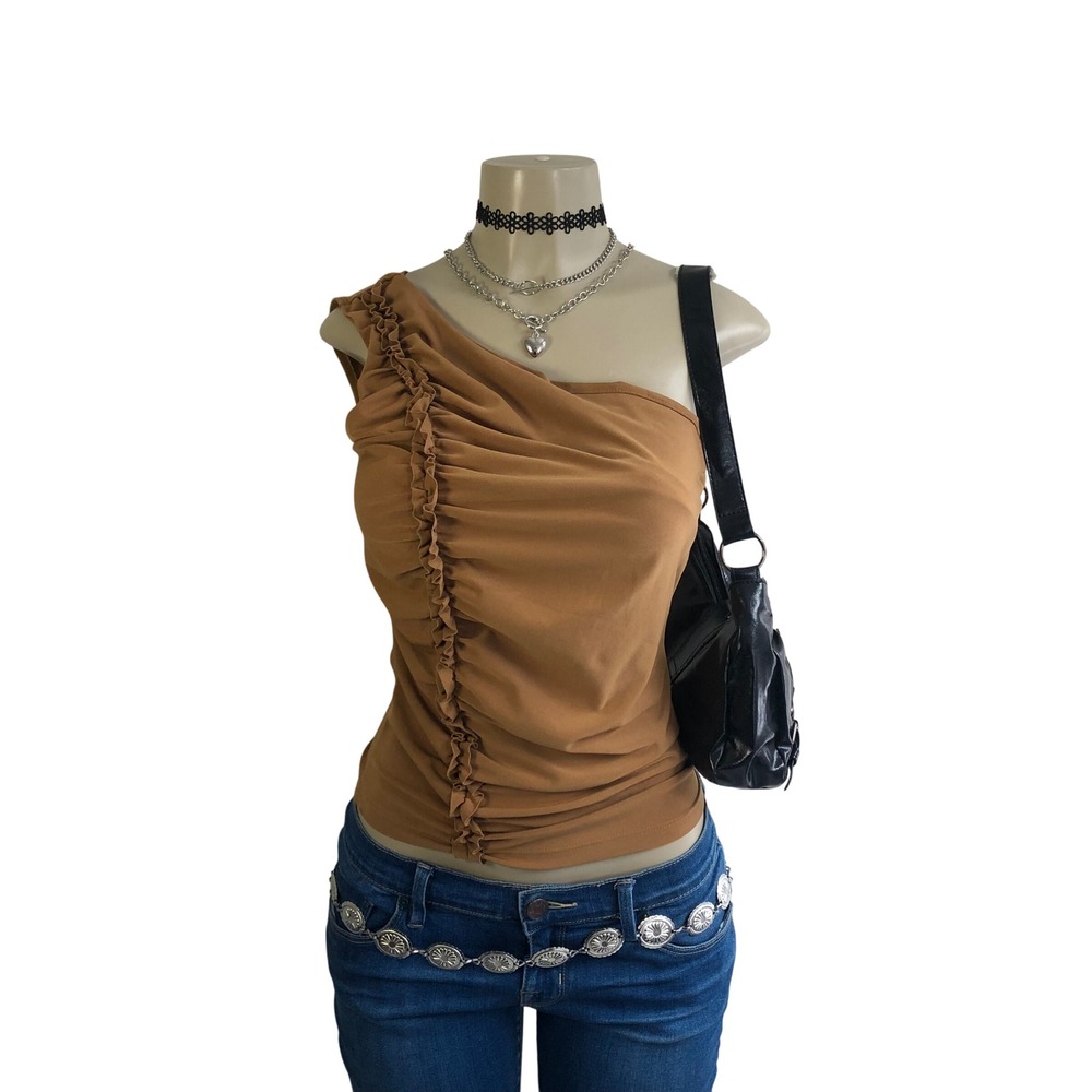 Vintage Y2K One Shoulder Ruched Ruffle Top Womens L Camel Tan Asymmetric Large